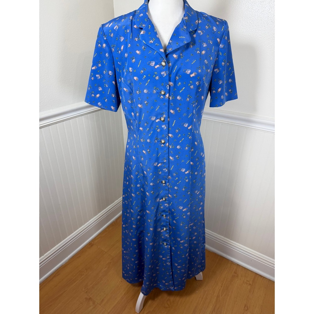 Leslie Fay Maxi Dress Women 10P Garden Party Print Button‎ Front Vintage